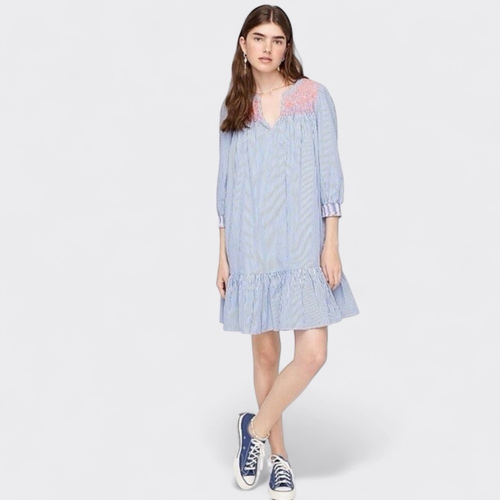 J. Crew Blue White Stripe Embroidered Popover Ruffle Hem Dress Women's L